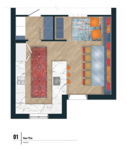 rendered drawing of kitchen and dining floor plan