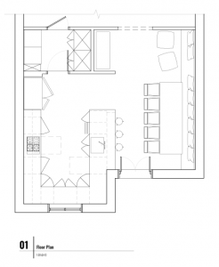 black and white line drawing of a kitchen and dining room