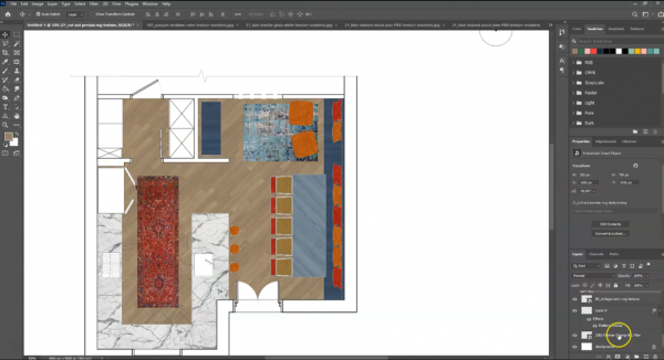 screenshot of floor plan in Photoshop with rugs and materials