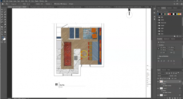 screenshot of Photoshop file with all materials textures and rugs in floor plan