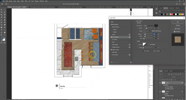 screenshot of inner shadow effect on flooring layer in photoshop of floor plan drawing