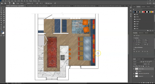 screenshot of rendered floor plan with highlights and lowlights using dodge and burn tool in photoshop