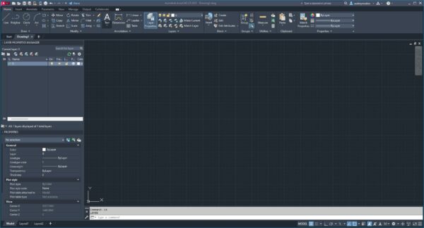 screenshot of autocad with layers and properties panels docked on left side