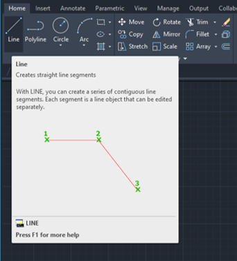 Screenshot of command guidance on drawing and modifying panel in AutoCAD