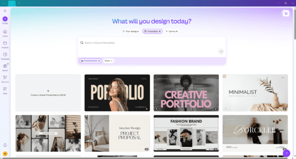 Screenshot of Canva dashboard showing interior design moodboard layout options.