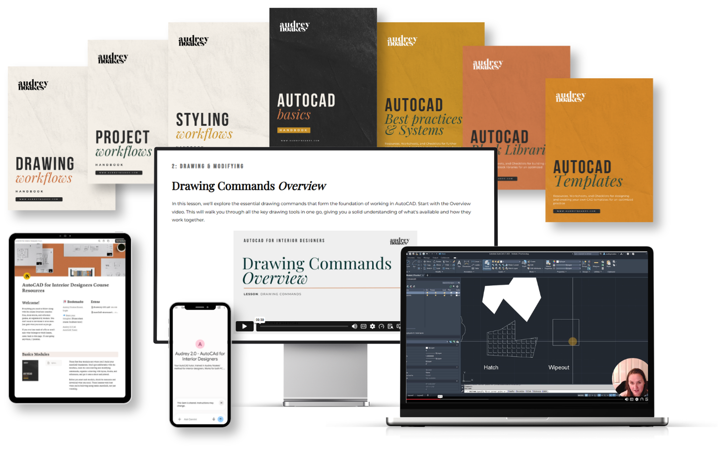 AutoCAD for Interior Designers course materials: workbook covers, lesson pages, mobile app, and AutoCAD software open on a laptop with an interior floor plan