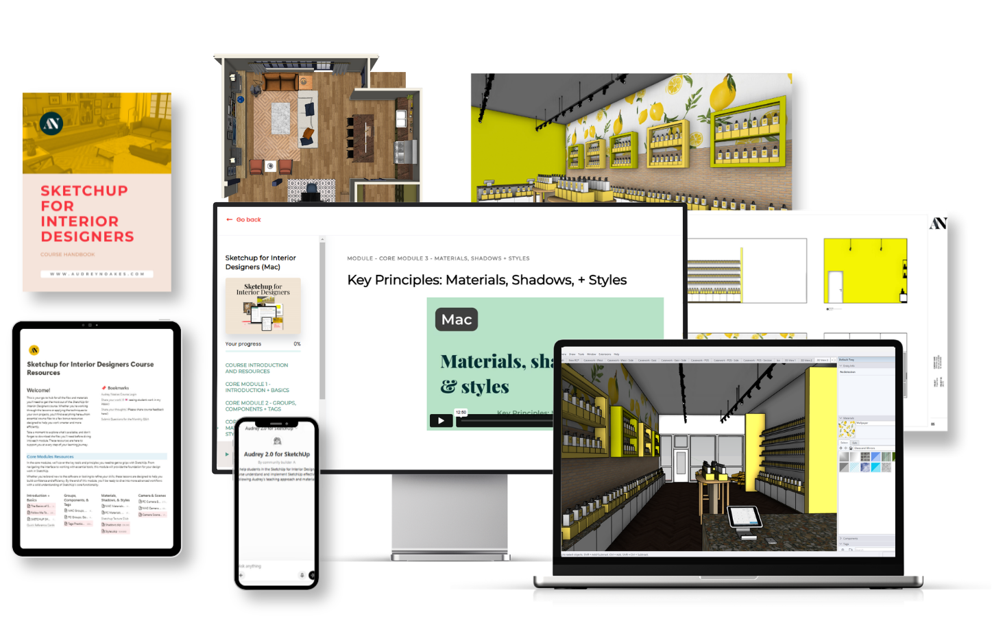 SketchUp for Interior Designers course materials: workbook cover, lesson pages, tablet resources, and SketchUp software open on a laptop
