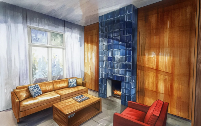 Conceptual design workflow example: a warm mid-century living space modeled in SketchUp