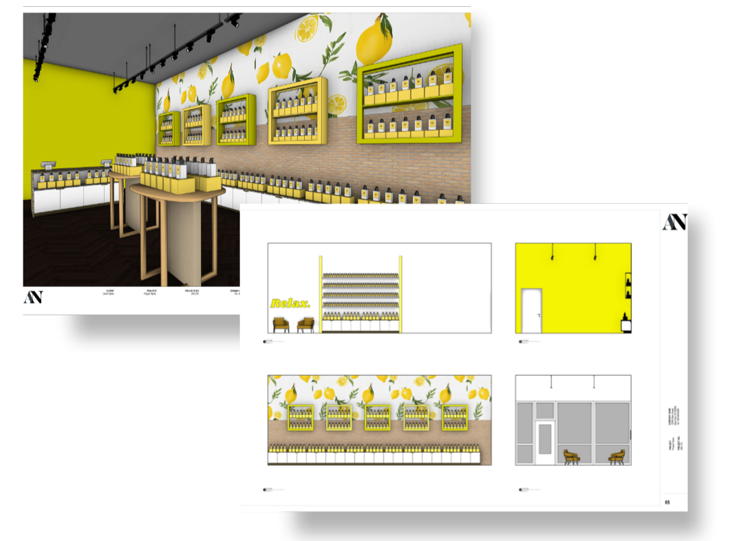 Drawings workflow example: a retail space with custom casework drawn in SketchUp