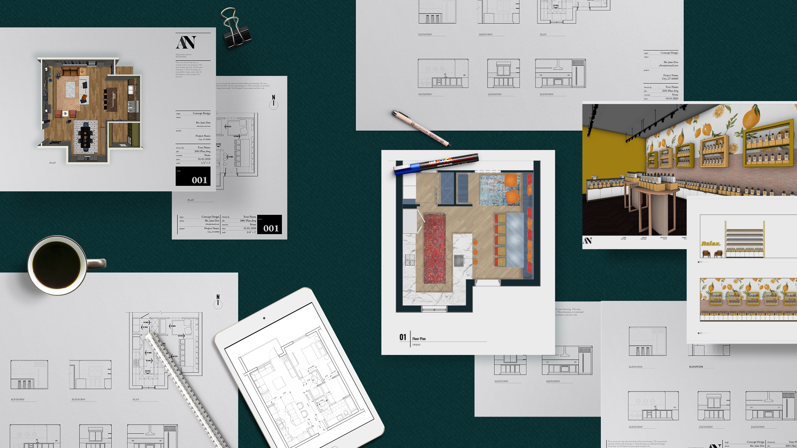 Interior design drawings and renders laid out on a desk